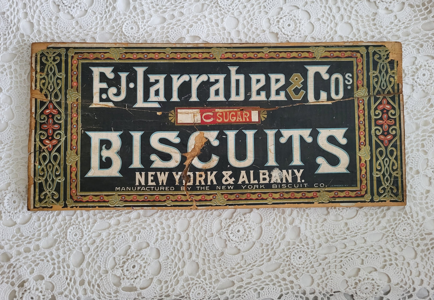 EJ Larrabee & Co Sugar Biscuits Crate Sign, New York, Albany, NY Biscuit Co