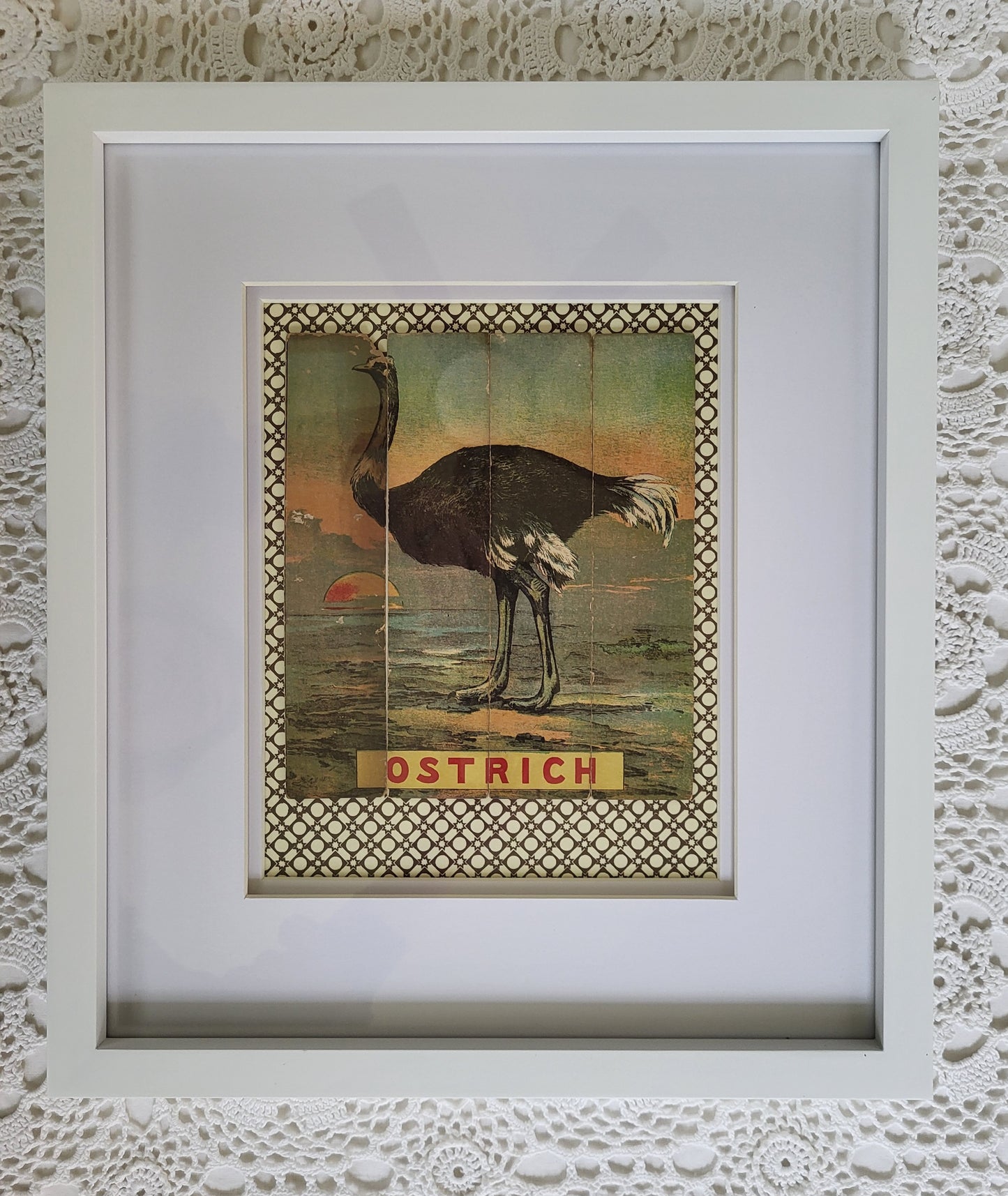 Upcycled Victorian Ostrich Puzzle, Modern Wall Decor, Graphic Brown & Ivory Pattern