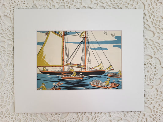 Vintage Sailboat Art Illustration from The Little Fisherman by Margaret Wise Brown