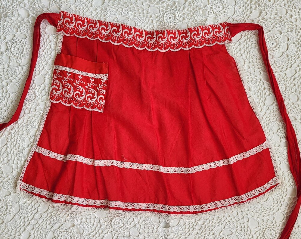 Red and White Cotton and Lace Women's Kitchen Apron